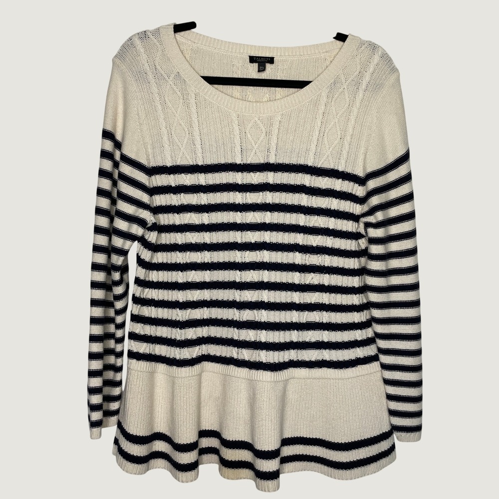 Talbots Sweater‎ Womens 2XP Ivory Blue Striped Cable Knit Peplum Classic Coastal